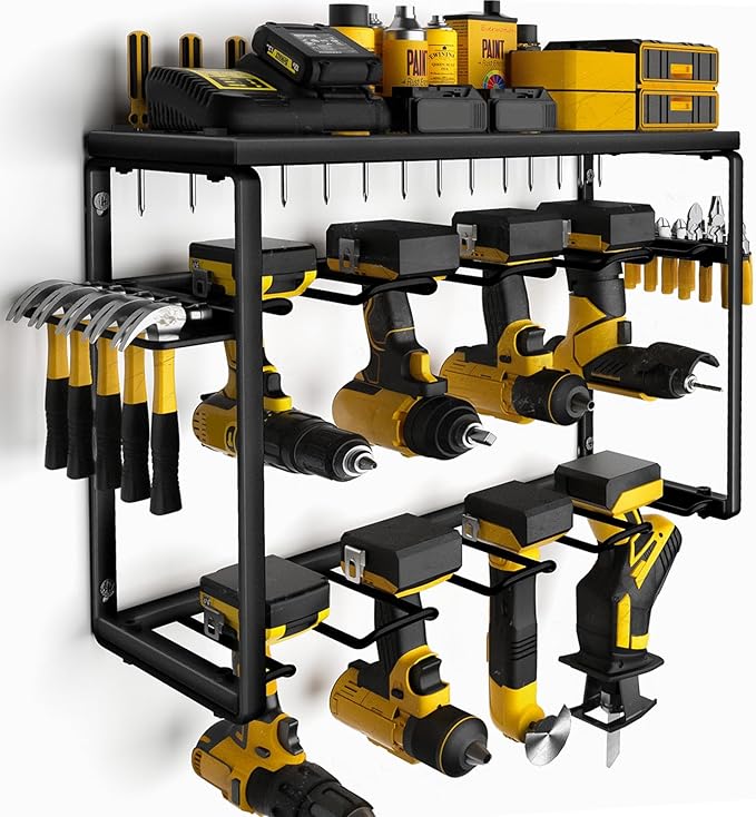Spampur Power Tool Organizer, 8 Drill Holders Wall Mount, 3 Layer Heavy Duty Metal Storage for Garage Organization, Tools Sto