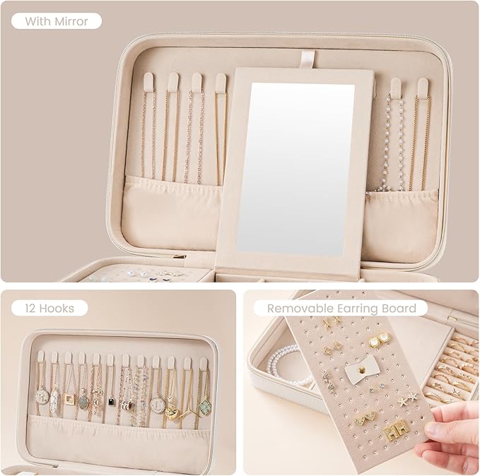 Lolalet Travel Jewelry Case for Women Girls, Travel Jewelry Organizer Box with Mirror & Clear Storage Bag, Small Portable Ear