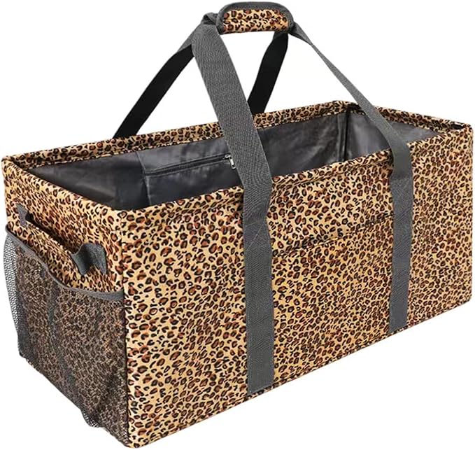 Joyfol Day Extra Large Utility Tote Bag, Reusable Grocery Bags Foldable,Upgraded Metal Frame, With Sturdy Handles Reinforced Bottom Heavy Duty Oxford Fabric Moving Shopping Bags, Leopard Brown
