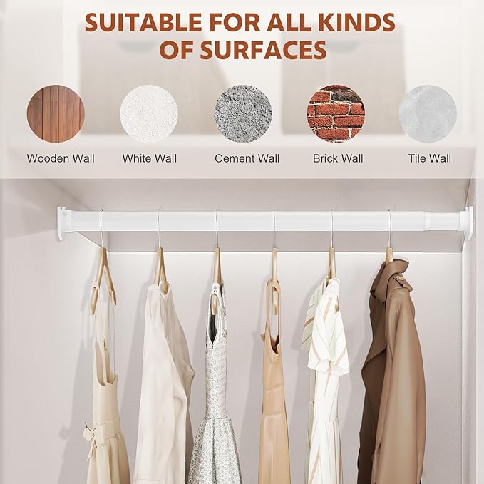 Closet Rods for Hanging Clothes, 17-70 Inch Stepless Adjustable Closet Rod, 1.3 Inch Heavy Duty Metal Clothes Hanging Rod, Ex