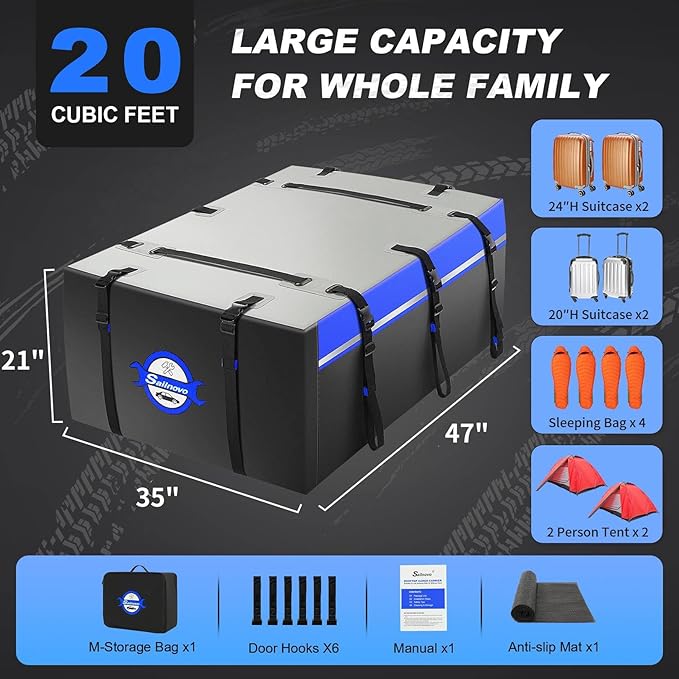 Sailnovo Car Rooftop Cargo Carrier Bag 20 Cubic, PVC Vehicle Soft-Shell Car Top Carrier for Cars with/Without Roof Rack, Waterproof Roof Bag Includes Anti-Slip Mat,10 Reinforced Straps, Blue