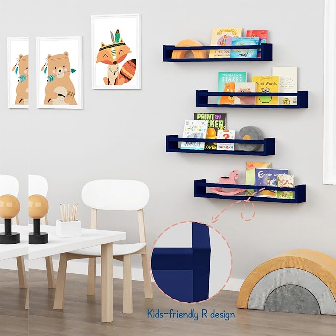 Forbena Wall Book Shelf Organizer for Kids Room Set of 4, Large Floating Book Shelves for Boy Nursery Wall Deocr, 24 Inches W