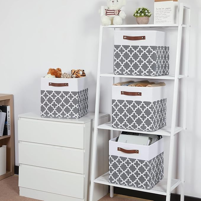 Temary 12x12x12 Fabric Storage Bins 4 Pack with Leather Handle, Foldable Cubes Storage Box Baskets for Closet, Shelf (White&L