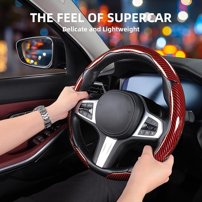 Car Steering Wheel Cover, 3 Piece Bright Carbon Fiber Steering Wheel Covers, Non-Slip Steering Wheel Cover Protector, Great Grip, Universal Car Accessories Decoration for 14.5-15 inch (Red)