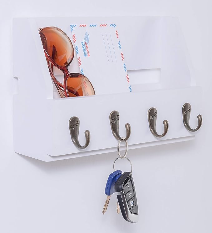 Flintar Wall Mounted Key and Mail Holder with 4 Hooks. Made of Solid Wood. Use as Key Rack, Entryway or Mudroom Organizer, Ma