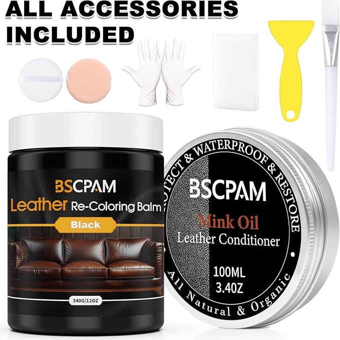 12oz Leather Recoloring Balm & 3.4oz Mink Oil Leather Conditioner kit,Black Leather Color Repair Kits for Couches, Leather Co