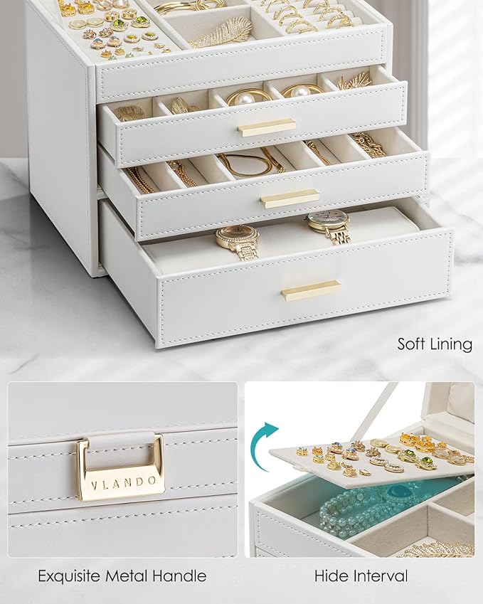 Vlando 4 Layer Large Jewelry Box - Jewelry Holder Organizer, Jewelry Box Organizer for Drawer Necklace Ring Bracelet and Watc
