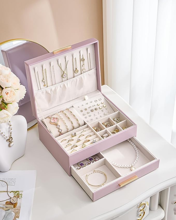 Lolalet 2-Layer Jewelry Box Organizer for Women Girls, Jewelry Storage Case Holder with Drawers for Necklaces Ring Earrings B