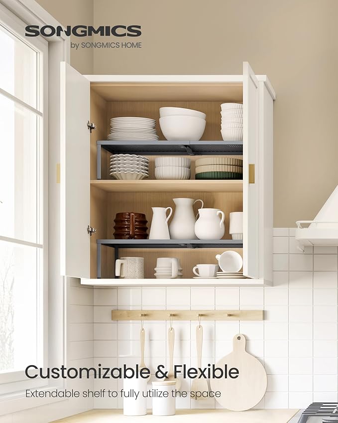 SONGMICS Spice Racks, Set of 2 Expandable Kitchen Countertop Shelves, Small Cupboard Organizers, Metal, Space-Saving Tabletop