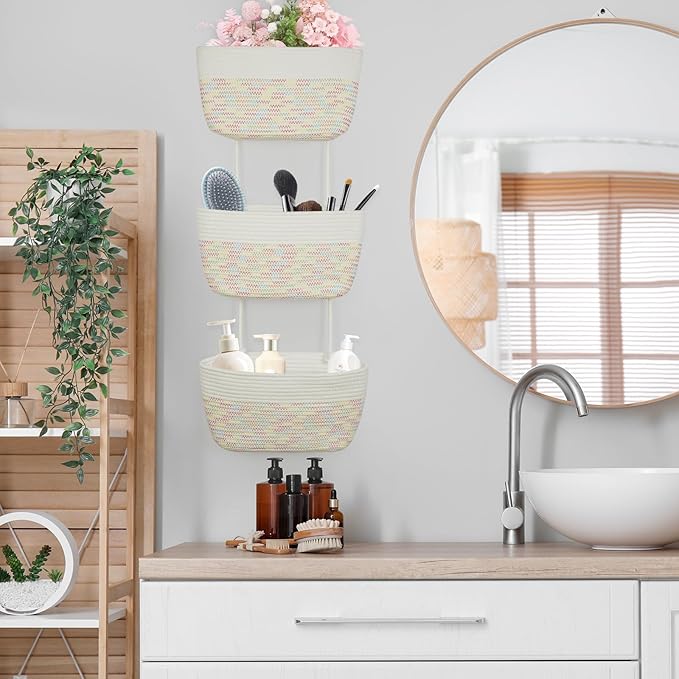 TeoKJ Over the Door Hanging Basket, 3-Tier Woven Cotton Wall-Mounted Storage Organizer Bag Decorative Hanging Nursery Baskets