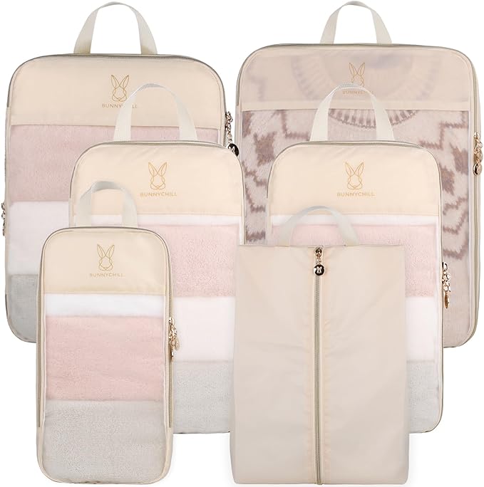 See Through Expandable Compression Packing Cubes, Mesh Travel Packing Cubes for Suitcases, Lightweight Organizers Bag Set for
