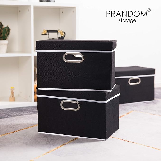 PRANDOM Foldable Storage Box with Lid [3-Pack] Fabric Collapsible Storage Bin Organizer Container Basket Cube with Cover for 