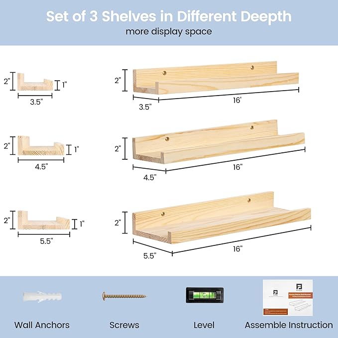 Picture Ledge Shelf for Wall, 16 inches Solid Pine Wood Nursery Book Shelves 3 Packs, Floating Ledge Shelves for Kids' Room B