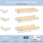 Picture Ledge Shelf for Wall, 16 inches Solid Pine Wood Nursery Book Shelves 3 Packs, Floating Ledge Shelves for Kids' Room B