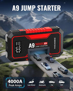 Jump Starter 4000A, VACASSO A9 Battery Jumper Starter Portable (7L Gas/4L Diesel), 12V Car Battery Booster Jump Starters