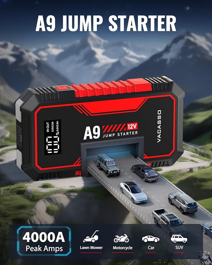 Jump Starter 4000A, VACASSO A9 Battery Jumper Starter Portable (7L Gas/4L Diesel), 12V Car Battery Booster Jump Starters