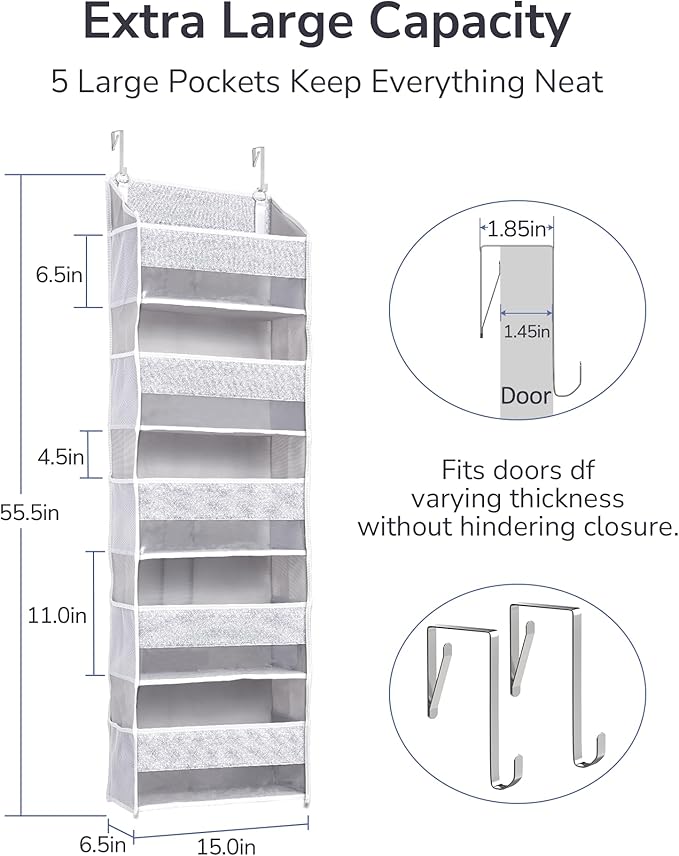 ULG 1 Pack Over Door Organizer with 5 Large Pockets 10 Mesh Side Pockets, Upgraded Linen Texture Over The Door Storage, 44 lb