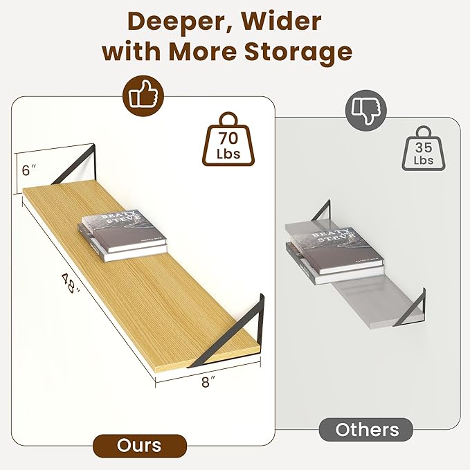 Floating Shelves for Wall,48" Wx8 D Wood Wall Shelves,Hanging Storage Floating Shelf with Metal Brackets,Wide Floating Booksh
