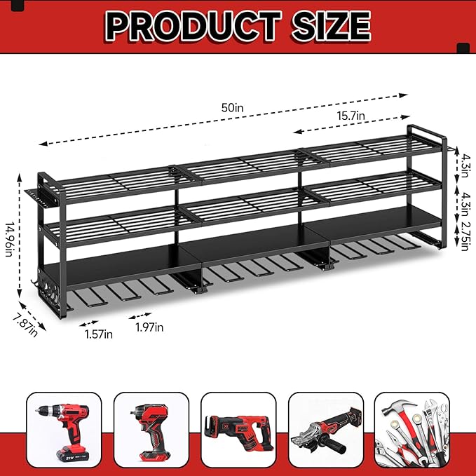 50" W Large Power Tool Organizer Wall Mount, Load 600lbs, 4 Layer Heavy Duty 12 Cordless Drills Holder, Battery Tool Storage 