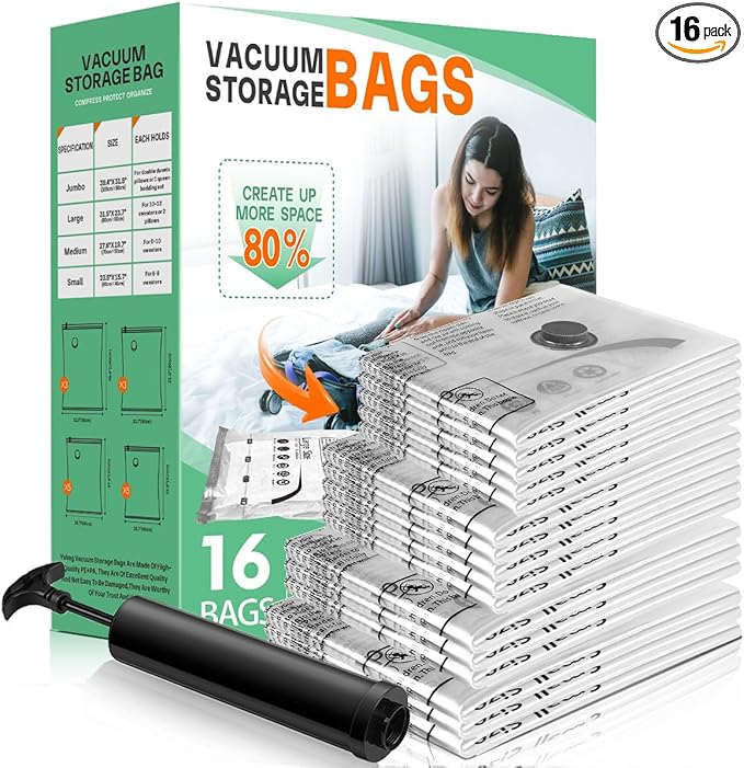 16 Pack Vacuum Storage Bags, Space Saver Bags, Compression for Comforters and Blankets, Sealer Clothes Storage with Hand Pump