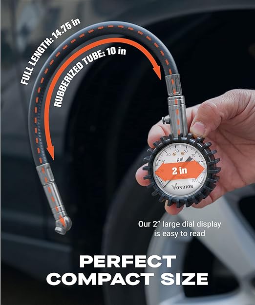 Vondior Tire Pressure Gauge (0-100 PSI) Heavy Duty Air Pressure Gauge, ANSI Certified Tire Gauge for Car and Trucks Tires with Large 2 Inch Easy to Read Glow Dial, Stocking Stuffers for Men