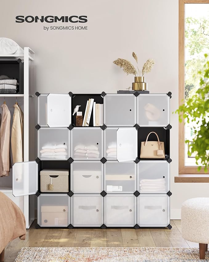 SONGMICS Cube Storage Organizer, Set of 16 Plastic Cubes, Closet Storage Shelves, DIY Plastic Closet Cabinet, Modular Bookcas