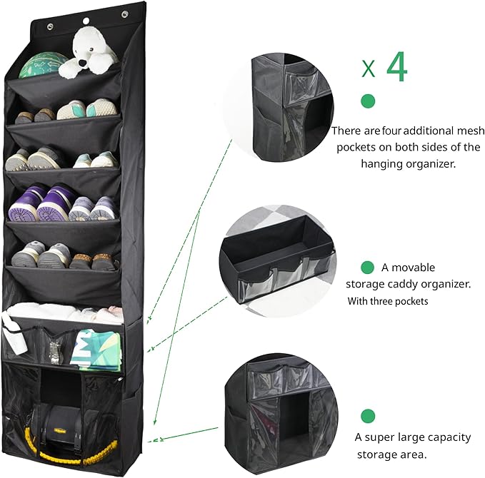 3in1 Over The Door Shoe Organizer with 5 Slanted Compartments,Removable Storage Bin & Transparent Pockets,Thickened Waterproo