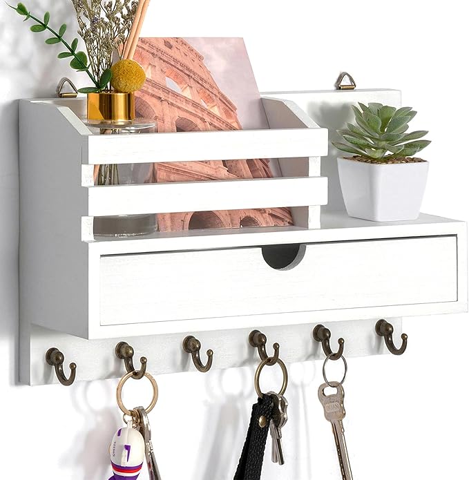 dreampossible Key and Mail Holder for Wall, Mail Organizer Wall Mount with 6 Hooks and Storage Drawer, Wooden Key Rack Hanger