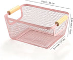 AJIODA Metal Mesh Steel Basket, Small Wire Storage Organizer Baskets Multi-function Hanging Kitchen Basket with Wood Handle f