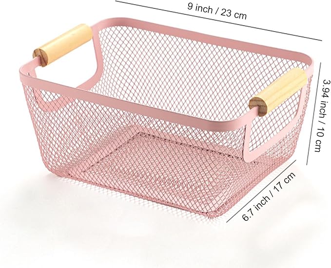 AJIODA Metal Mesh Steel Basket, Small Wire Storage Organizer Baskets Multi-function Hanging Kitchen Basket with Wood Handle f