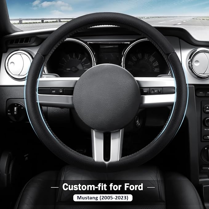 Leather Steering Wheel Cover for Ford Mustang 2005-2023, Anti-Slip and Breathable Segmented Design,Thin Car Interior Accessories,Car Steering Wheel Cover for Men Women(Black Hole)