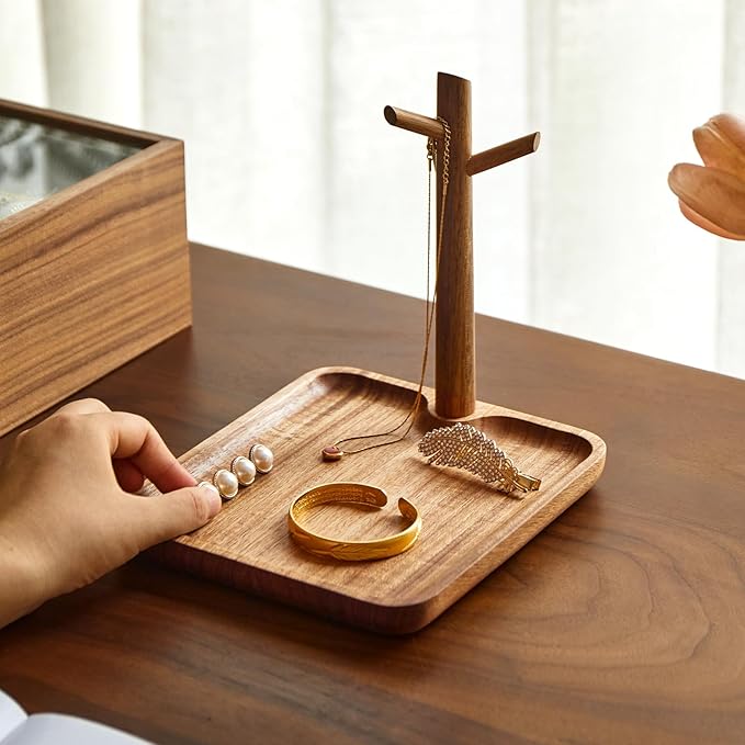 Solid Acacia Wood Key Tray and Bowl for Entryway Table - Jewelry Tray With 3 Hooks, Open Storage for Wallet, Glasses, Watches