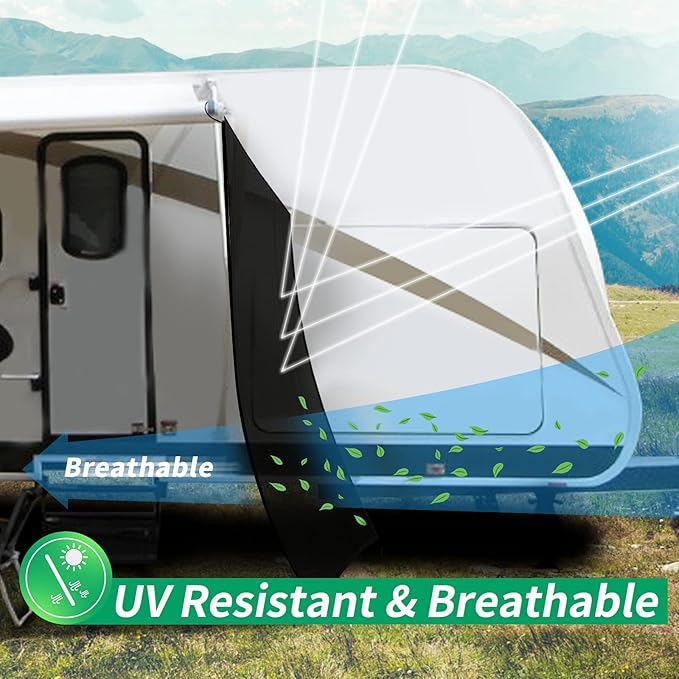 RV Awning Side Shade Screen 9'x 7' Breathabe Black Mesh Sunshade for Camper Trailer Canopy, UV Sun Blocker Complete Kits