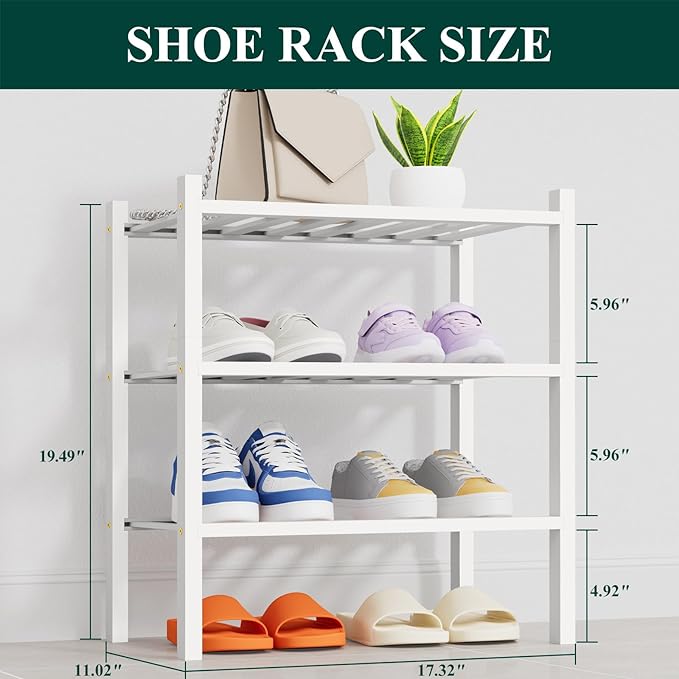 Smiry Shoe Rack, 3 Tier Thick Small Bamboo Shoe Organizer, Stackable Free Standing Wooden Shoe Storage Shelf for Closet, Entr