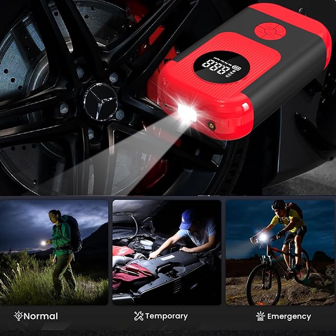 Tire Inflator Portable Air Compressor & Car Jump Starter, Cordless Air Pump with LED Light & Pressure Gauge for