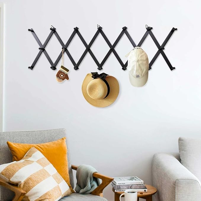 SCUNDA Wall Rack with 20 Hooks, Wooden Wall Expandable Coat Rack for Coat, Hats, Baseball Caps, Coffee Mug, Jewelry(Black)