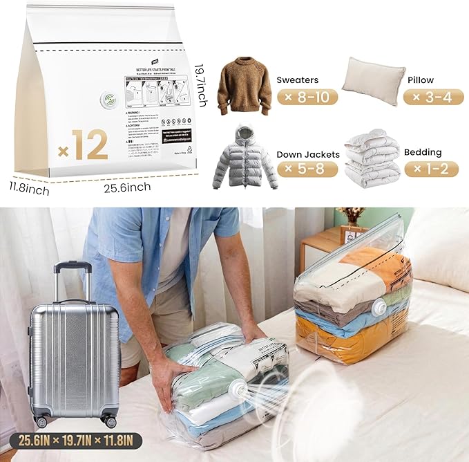 TAILI 12 Pack Cube Vacuum Storage Bags, Medium Size (25x19x11 inch), Vacuum Seal Bags for Clothing, Travel Compression Packin