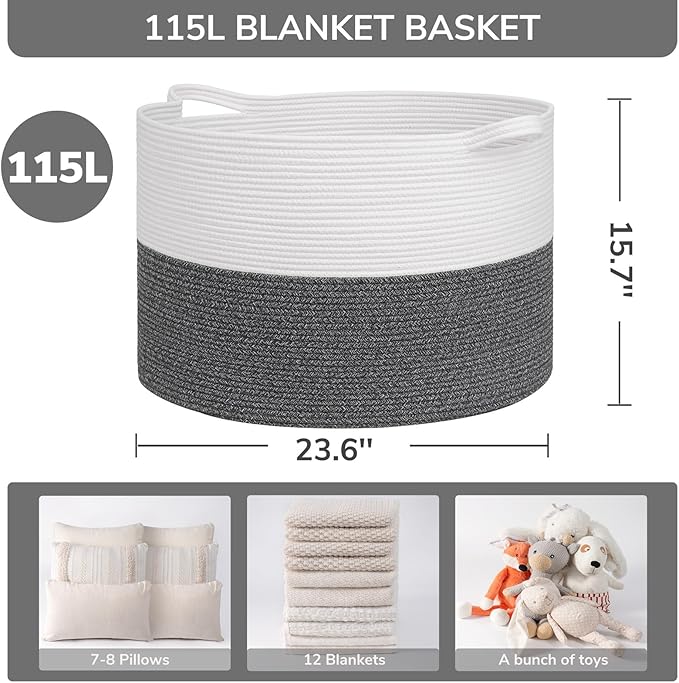 INDRESSME 115L Extra Large Cotton Rope Blanket Basket, Woven Baby Laundry Baskets for Clothes Pillows Towel, Toy Baksets for 