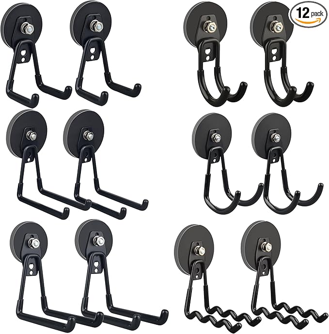 ULIBERMAGNET Heavy Duty Magnetic Garage Hooks Kit,12 Pack Strong Large Magnet Hook for Power Drill,Garden Tools,Hose,Pegboard
