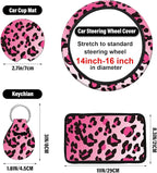 10 Pieces Leopard Print Printing Car Steering Wheel Cover Center Console Armrest Pad Headrest Seat Belt Cover Handbrake Cover Keychain Coaster Full Set Car SUV(Pink)