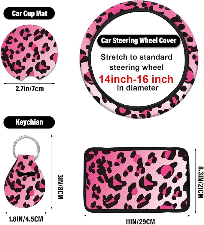10 Pieces Leopard Print Printing Car Steering Wheel Cover Center Console Armrest Pad Headrest Seat Belt Cover Handbrake Cover Keychain Coaster Full Set Car SUV(Pink)