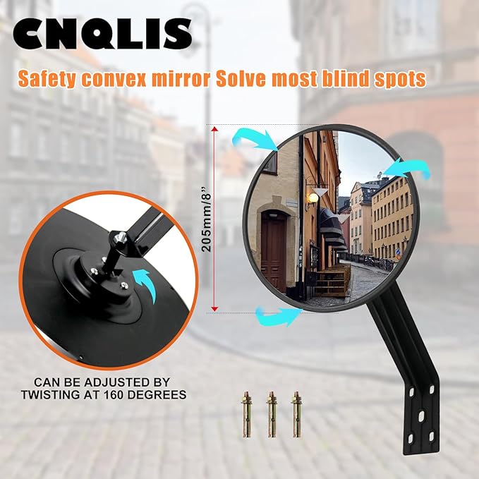 CNQLIS 8 Inch Convex Mirror Outdoor with Adjustable Wall Fixing Bracket,Blindspot Traffic Mirror for Driveway Garage Park Outdoor Wide Angle View Curved Security Blind Spot Mirrors