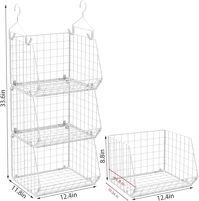 X-cosrack 3 Tier Foldable Closet Organizer, Clothes Shelves with 5 S Hooks, Wall Mount&Cabinet Wire Storage Basket Bins, for 