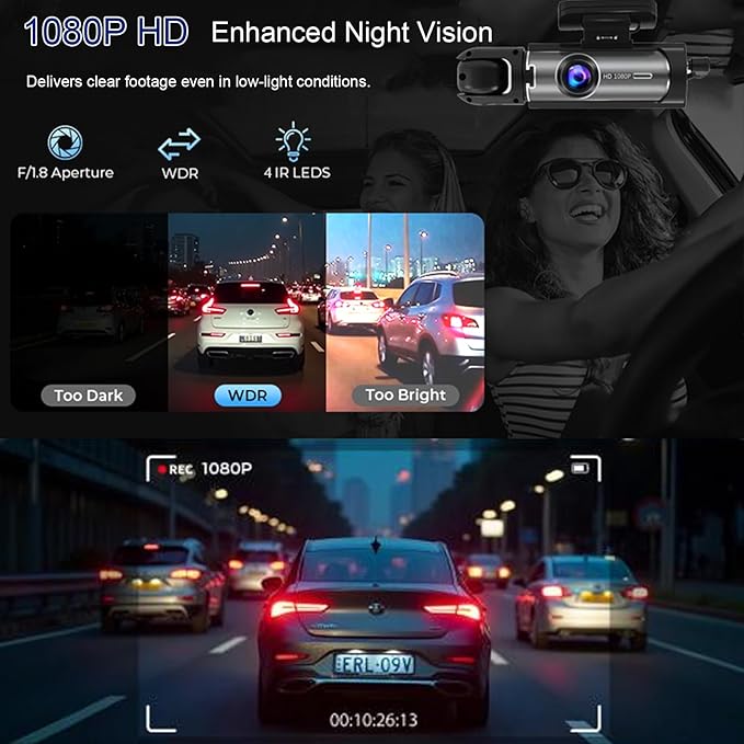 Dash Cam Front and Inside, 1296P Dual DashCams for Car, 3.16 Inch IPS Screen Driving Recorder with IR Night Vision, Loop Reco