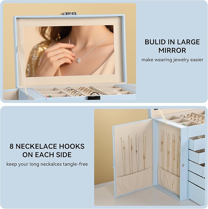 Frebeauty Large Jewelry Box,6-Tier PU Leather Jewelry Organizer,Multi-functional Storage Case with Mirror,Accessories Holder 