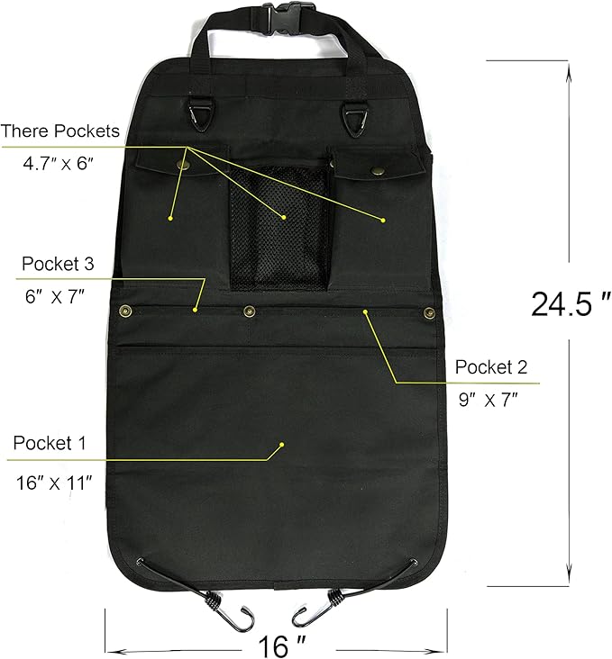 Black Car Seat Back Organizer with Multiple Pockets and Hooks