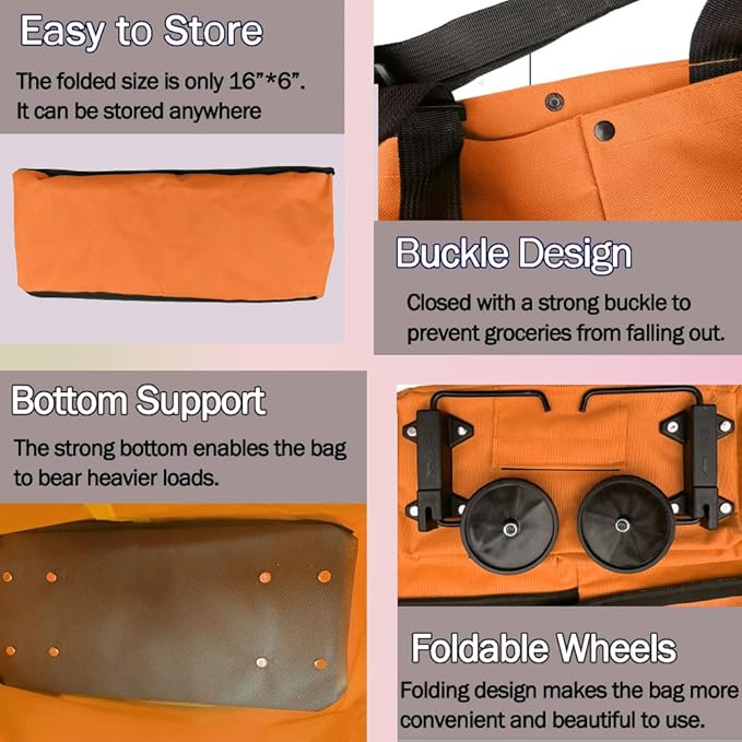 Collapsible Shopping Grocery Bag With Wheels Rolling Tote Bag With Wheels Large Reusable Foldable Shopping Cart(Orange,Large)