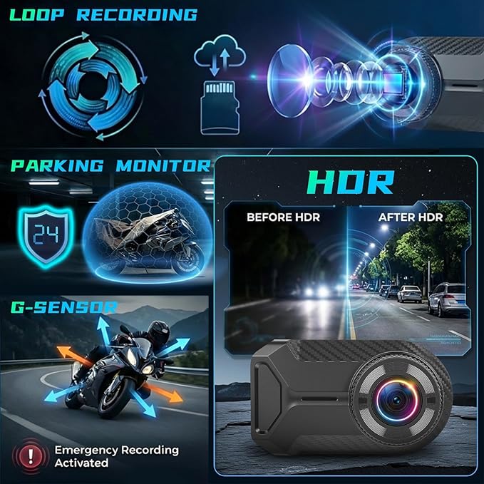 NHOPEEW Motorcycle Dash Cam 1080P/2K HD WiFi Mini Screenless Motorbike Driving Recorder, IP66 Waterproof Front Camera, Wide A