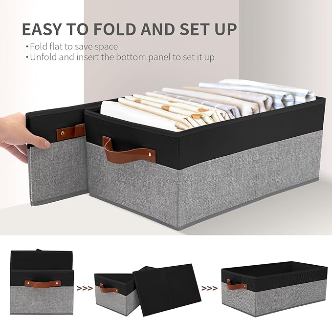 3 Pack Large Capacity Storage Bins Closet Organizer for Shelves, Fabric Closet Storage Baskets Boxes with Leather Handles for