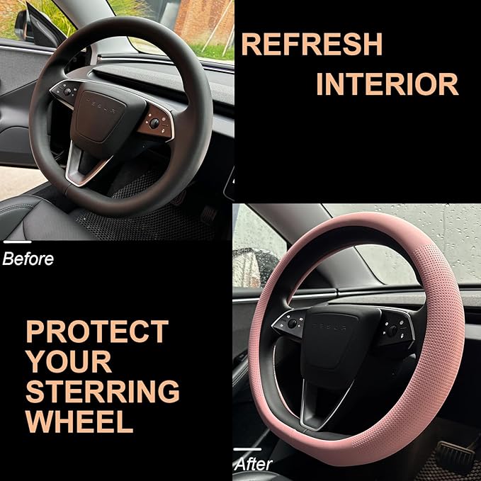 PINCTROT Nappa Leather Steering Wheel Cover for Tesla Model Y/3 Highland/Juniper, D Shaped 14 Inch Small Sized with Breathabl